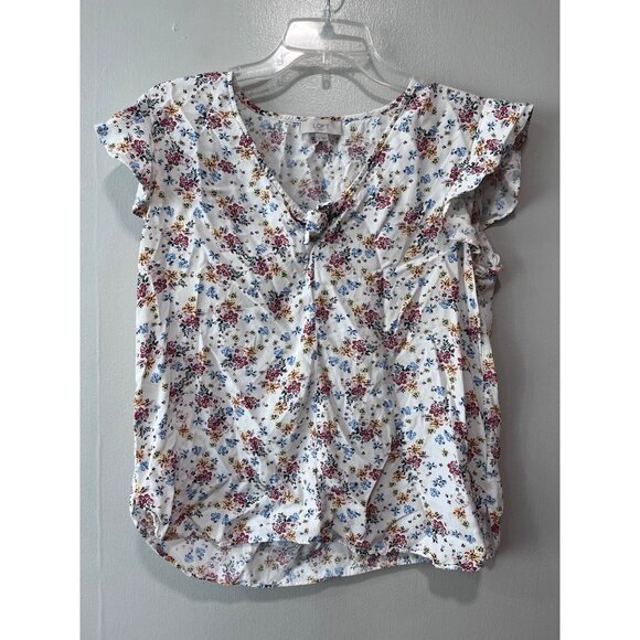 Floral Print‎ LOFT Outlet Women’s Short Sleeve Blouse Top With Ruffle Sleeves - Picture 1 of 7